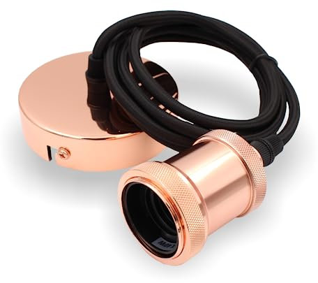 Pendelleuchte mit textilummanteltem Silikonkabel FLEX, Metall Baldachin und E27 Fassung & Schraubring | 2000mm (Kupfer/Rosegold)