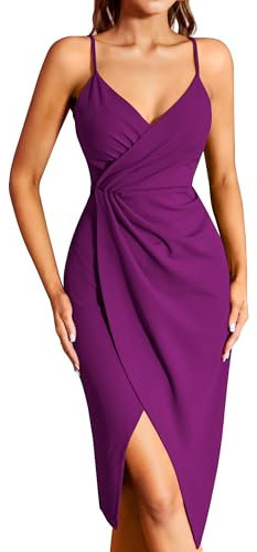 Missufe Robe de cocktail pour femme - Robe d'été - Robe midi festive élégante - Moulante - Sans manches - Bretelles spaghetti - Robe de soirée, Violet., L