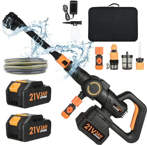 Idropulitrice ad Alta Pressionea Batteria, Idropulitrice Portatile con 2 Batterie da 3000 mAh, 28 Bar, Idropulitrice Auto con Ugello Multifunzione 6 in 1, Ideale per Auto, Barche e Giardini