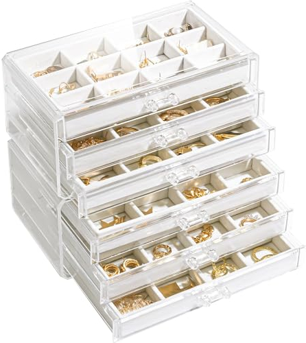Lolalet Earring Holder Organiser Box Jewelry Storage with 6 Drawers, Clear Acrylic Stackable Earring Case with Adjustable Velvet Trays for Women on Dresser Vanity -Warmwhite, 6 Layers