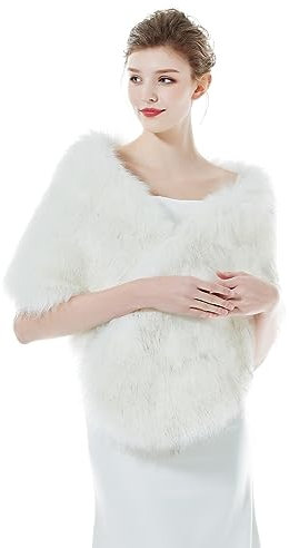 BEAUTELICATE Kunstpelz Stola Schal Damen Pelz Brautschal Brautstola Wrap Schwarz Elfenbein für Braut Winter Hochzeit Festival Weihnachten (Langes Fell - Weiß mit Braune Spitze)