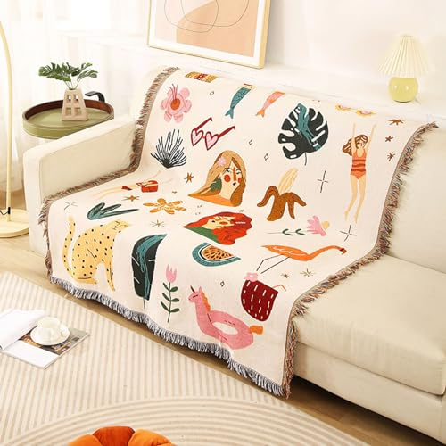 LumiSyne Doppelseitige Baumwolle Gewebt Decke Überwurf Mit Quaste Dschungel Böhmische Stil Wandteppich Kuscheldecke Dekorative Decke Für Bett Couch Sessel Camping Decke Tischdecke Teppich 160x130cm