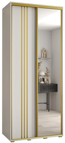 MEBLE KRYSPOL Davos 7 110 Schlafzimmerschrank mit Zwei Schiebetüren - Moderner Aufbewahrungsschrank mit Spiegel, Kleiderstange und Regalen - 235,2x110x60 cm - Weiß Weiß Gold