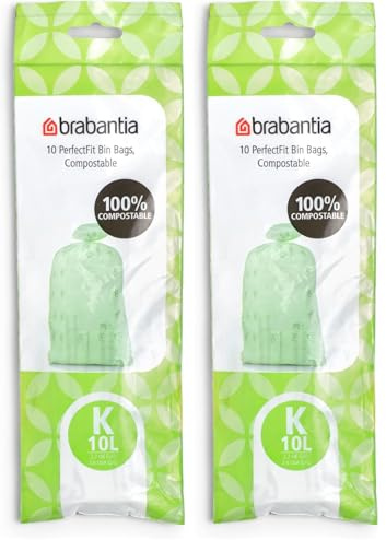 Brabantia 364983 Food Waste Caddy Compostable Bin Liners, 10 L (x10), Code K, White (Pack of 2)