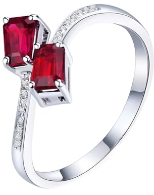 Partnerringe Nickelfrei, Ring mit Steinen Rundherum 18 Karat Weißgold 2 Lab Rubin 0.79Ct Taubenblutrot Rechteckschliff Vvs mit Diamant Natur Weiß