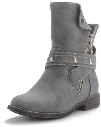 Queentina Damen Stiefeletten warm gefüttert Nieten Boots Biker Stiefel BH201 Grau 39