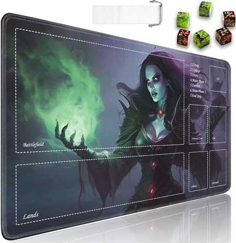 JVGFYNKL TCG Spielmatte, Spielmatte mit Zonen, 61 x 35,6 cm, rutschfestes Gummi für MTG-Spielmatte mit Kordelzug, Reisetasche und 6 Würfel, Nekromanter für MTG-Matte, Kartenspiel-Spielmatten