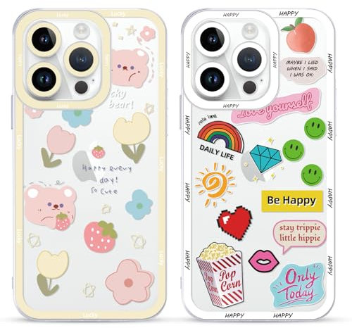 Yoedge 2 Pack Set Suitable for iPhone 15 Pro Max Transparent 6,7, Phone Case With Cute Bear Cute Fun Aesthetic Pattern Cover, Soft Glass Silicone Shockproof Protective, for iPhone 15 Pro Max
