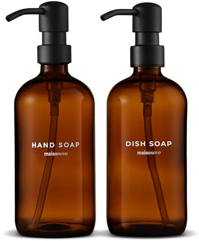 MaisoNovo Soap Dispenser 2-Piece Set | 16.9oz Amber Bottles with Gold Stainless Steel Pumps