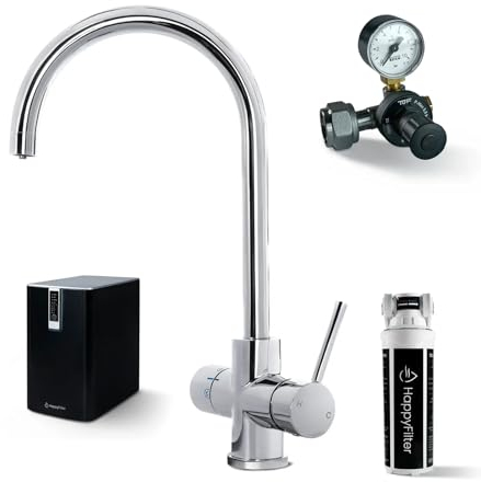 HappyFilter FizzRed Wassersprudler Wasserkocher | gekühlt | gesprudelt | kochend| 5in1 Chrom Wasserhahn | Kalkfilter | Wasserspender | Büro | Küche | Festwasseranschluss | 2kg CO2 Adapter