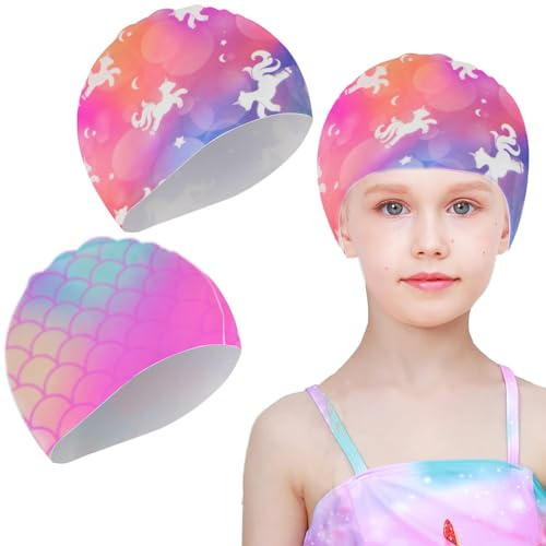 2 Piezas Gorro Piscina Niño, Gorro de Natación de Niños, Unicornio Gorro Piscina Niña, Elásticos Silicona Gorro de Piscina de Niño, Gorro Impermeable Natacion, Gorro Natacion para Pelo Largo y Corto