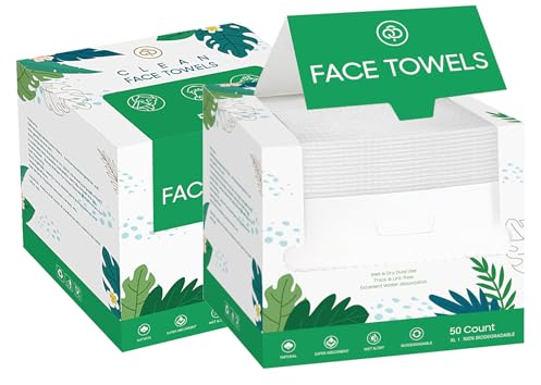 Disposable Face Towels Extra Large, 50 Count Daily Facial Washcloth, Biodegradable Towels, Makeup Remover Dry Wipes, Thick Soft Clean Facial Towels for Sensitive Skin (2 Pack)