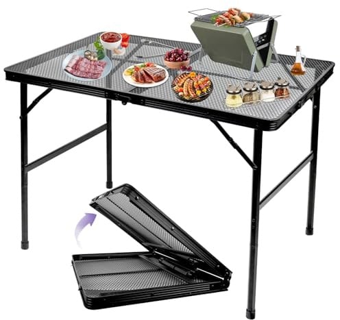 BRIAN & DANY Klappbarer Grilltisch, Campingtisch, Metall, tragbarer Picknicktisch, leicht, höhenverstellbar, klappbarer Tisch für den Außenbereich, schwarz, 89,9 x 69,9 x 66 cm
