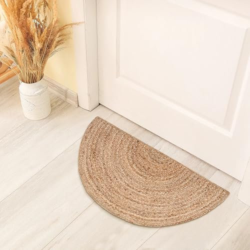 RIANGI Boho-Teppich, geflochten, Jute-Naturfaser, halbrund, für Wohnzimmer, Eingangsbereich, Bauernhaus, Heimdekoration, Innenteppich, kleine Fußmatte für Badezimmer, Küche, Naturfarben, 1,5 x 0,9 m