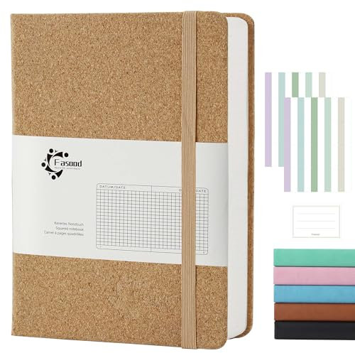 Fasood Notizbuch A5 Kariert, Hardcover Journal Notizbücher mit 320 Seiten, 100g/m² Dickes Papier, Mehrfarbige Registerkarten, Stiftlasche und Dokumententasche, für Schule, Büro (Wüstenfarbe)