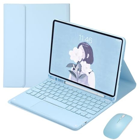 ZKAIAI Funda con Teclado y Ratón para iPad 6.ª Gen 2018/5.ª Gen 2017/iPad Pro 9.7 2016/iPad Air 2Air 1, Teclado Táctil Magnético y Desmontable con Español Ñ QWERTY, Portalápices Incorporado, Azul-B
