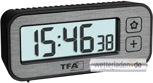 TFA Dostmann Funk Wecker digital mit Temperatur und Luftfeuchtigkeit Switch, 60.2522.10, mit Höchst- und Tiefstwerte, mit Weckalarm und Funkuhr, Reisewecker, klein, Nicht tickend (grau mit Batterie)