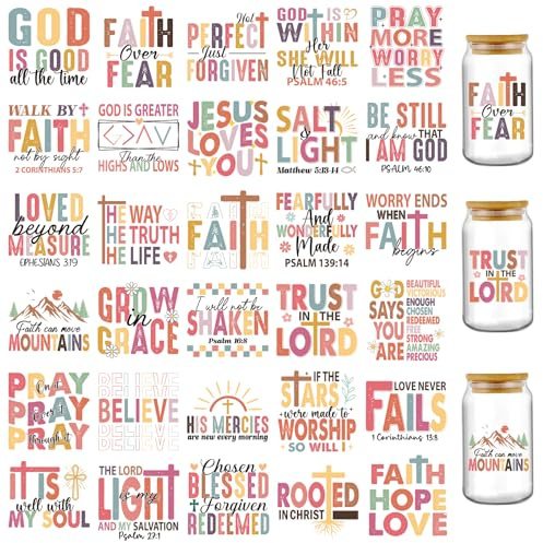 Bible Verse UV DTF Decals - 30 Sheets Motivational Saying Uvdtf Tumbler Wraps for 16 oz Coffee Cups, Christian Faith Transfer Stickers Decals for Water Bottle Decorations Religious Gifts for Mom