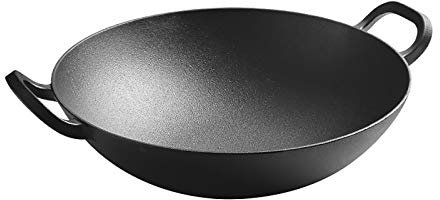 CHFYIJYHM Heavy 16 Wok Round Bottom, Cast Iron Wok Shallow and Concave Wok, Wide Handles, Black(32 * 13cm)