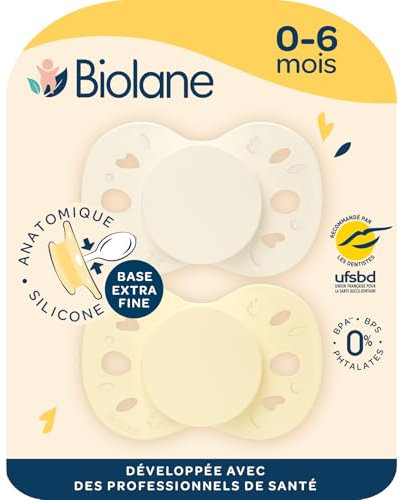 BIOLANE - Tétines anatomiques - Sucettes extra-fines - 0 à 6 mois - Jaune et Beige - Téterelle plate et réversible- Confort optimal- Respect du développement bucco-dentaire