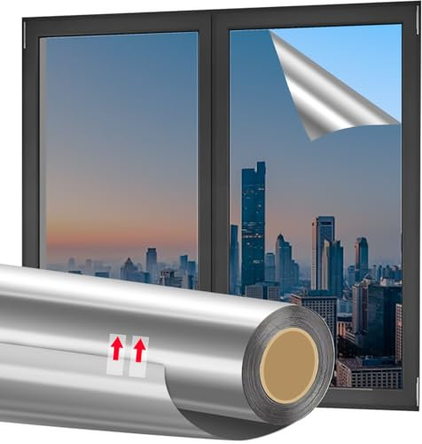 Spiegelfolie Fenster Sichtschutz 45 x 500cm, Fensterfolie Blickdicht von Aussen, Spiegelfolie Selbstklebend mit Werkzeug, UV-Schutz Sonnenschutzfolie Fenster, Fensterfolie Spiegelfolie Silber