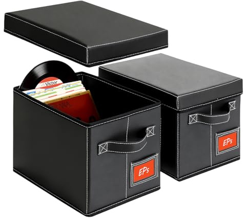 yoyobubu 2 Pack 7 Inch Vinyl Record Storage Boxes - Black Faux Leather Record Holder & Case with Lid - Compact Storage Box for Singles, EPs, Vinyl Rolls and Accessories