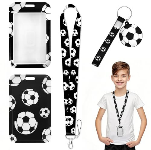 Lanyard avec porte-carte, motif de football doux Lanyard noir porte-cartes d'identité confortables pour navire de croisière de l'école de bus, avec un porte-clés de football noir