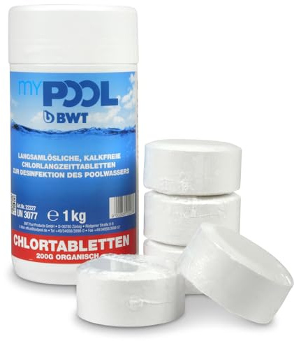 myPOOL Chlordepot Langzeittabletten 200 g - Organisches Langzeit-Chlor für Pool-Desinfektion - Langsam löslich für 1–2 Wochen - Für Pools bis 20 m³ - Dosierung über Skimmer oder Dosierschwimmer (1 Kg)