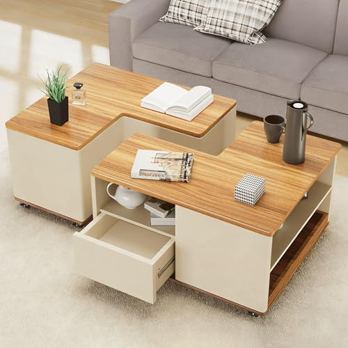 Modularer Couchtisch Holz mit 12 Rollen,Wohnzimmertisch 2er Set mit 2 Schubladen Stauraum & 2 Tabletts,Kaffeetisch Flexibler Kombinierbarer,Wohnzimmer Tisch für Couch Braun (Beige + Braun)