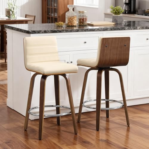 Bekrvio 200kg Belastbarer Drehbarer Barhocker 2er Set, 65cm Sitzhöhe Tresenhocker mit Lehne, Kunstleder Gepolstert, Massivholzbeine mit Fußstütze, Swivel Barstuhl für Küche & Theke
