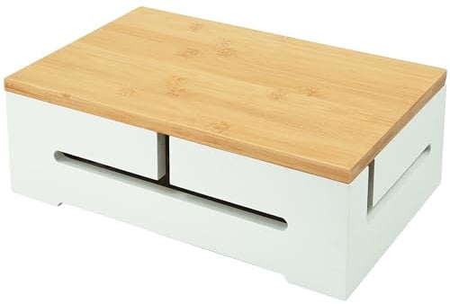 Relaxdays Kabelbox, Kabelführung & Belüftung, HxBxT 11 x 32 x 22 cm, Kabel verstecken, Steckdosenbox, Bambus, weiß