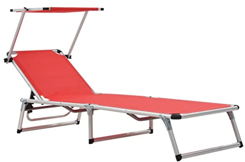 Hoopleep Sonnenliege Klappbar mit Sonnenschutz, Alu & Textilene Rot, Strandliege Verstellbar, Gartenliege Tragbar für Outdoor, Terrasse, Pool, Zero-Gravity Liegestuhl Camping
