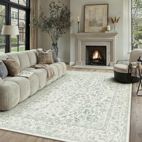 PureCozy Green Large Rug Living Room 200x300cm Vintage Washable Area Rug | Non Slip Carpet, Soft Low Pile,Bedroom, Dining Room, Hall, Lounge, Office, Rome Decor