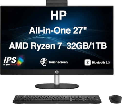 HP 27 AI PC All-in-One 27 Touchscreen IPS FHD Display | (AMD Ryzen AI 7 350, 32GB DDR5, 1TB PCIe SSD, AMD Radeon, WiFi 6, Webcam, Bluetooth 5.4, Win 11 Pro)