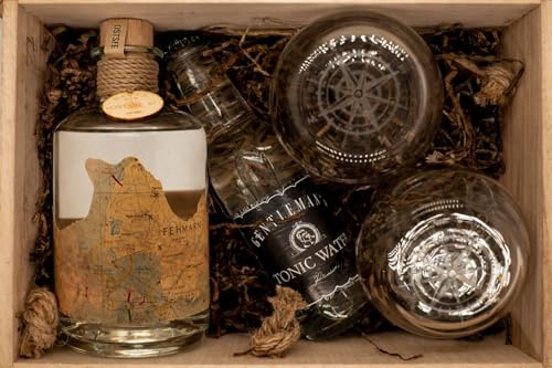 Navis Geschenkset – 0,5L Premium Gin mit 1 Flasche Gentleman's Tonic & 2 Gläsern mit Kompass-Gravur – Nachhaltig verpackt in maritimer Holzkiste (Navis Geschenkkset OSTSEE)