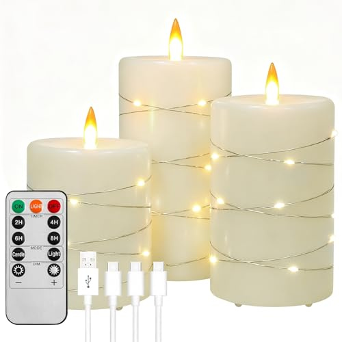 PinnWaa LED Kerzen, 3 wiederaufladbare Stumpenkerzen mit Lichterkette, Weiß | Fernbedienung, Timer 2/4/6/8 Std, Echtwachs, flammenlos, tanzende Flamme, Flackereffekt, für Zuhause, Hochzeit und Tischdeko