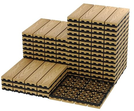 Dalles de terrasse clipsables en composite imitation bois,12 * 12inch Étanches et antidérapantes Idéal étenduérieur/intérieur Pour balcon, jardin, piscine, patio (Couleur teck, Lot de 27)
