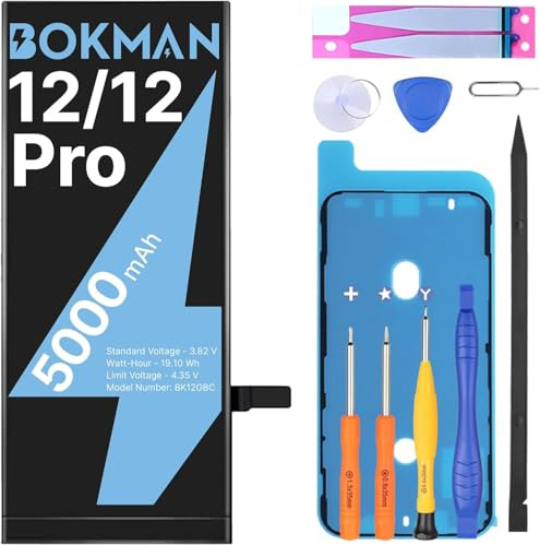 bokman Batteria per iPhone 12/12 Pro, 5000mAh con Kit di Riparazione | Batteria interna, utensili e strisce adesive inclusi, compatibile con A2172/A2402/A2403/A2404 e A2341/A2406/A2407/A2408