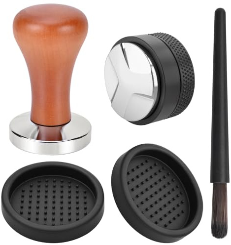 51mm Kaffee Tamper Espresso Press Stampfer 51mm Coffee Kaffeestempel Set | Holzgriff Verstellbar Kaffee Distributor Edelstahl Leveler Coffee Verteiler Espresso 1 Bürste 2 Silikonmatte Espresso Tool
