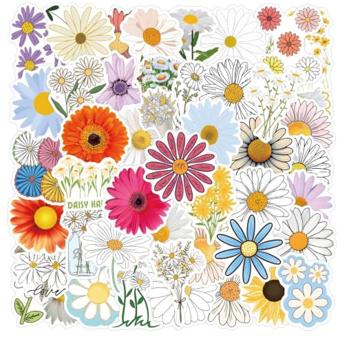 Tourima 55 Stück Gänseblümchen Aufkleber Sticker Set, ca. 5,4 x 5,7 cm, Daisy Sticker Pack wasserfeste Vinyl Sticker für Laptop, Handy, Koffer, Scrapbooking, Journaling, Blumen Geburtstag Deko DIY