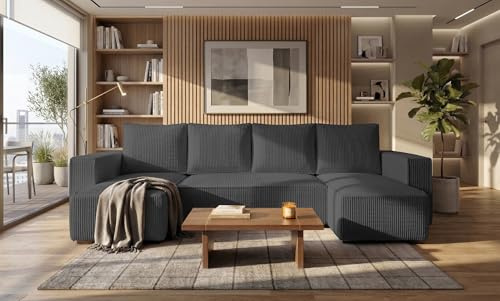 storez24 Wohnlandschaft Letto U, Couch in U-Form mit Schlaffunktion und Bettkasten, Farbe: Grau, Cordstoff