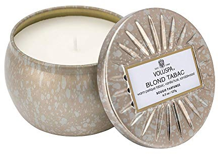 Voluspa Vermeil Maison Kerze Blond Tabac, klein - Hochwertige Duftkerze in dekorativer Dose aus Zinn mit Deckel