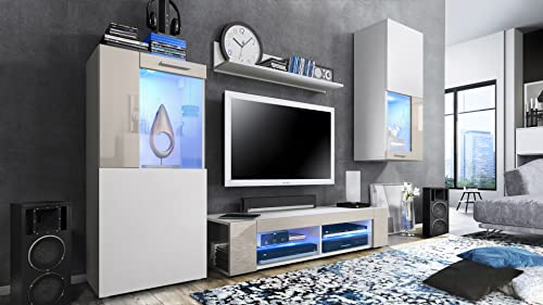Vladon Wohnwand Movie, Anbauwand bestehend aus 1 TV-Board, 2 Vitrinen und 1 Regal, Weiß matt/Weiß matt/Sandgrau Hochglanz, inkl. LED-Beleuchtung blau (Gesamt: 300 x 190 x 39 cm)