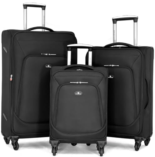 David Jones - Set de 3 Valises Souples 4 Roues - Lot Trolley 79 cm Taille Extensible - Bagage à Main Cabine Avion Ryanair Easyjet -Toile Textile Résistant Solide Couleur Uni - Noir
