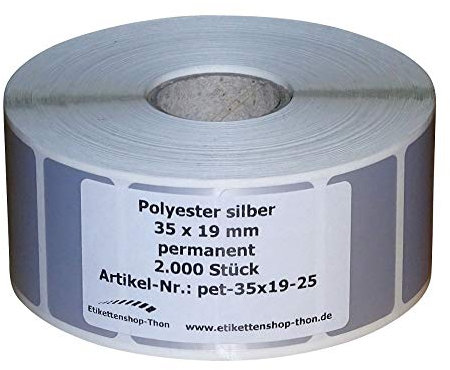 Typenschilder/Polyester Etiketten - 35 x 19 mm - 2.000 Stück - silber - Hülse 25 mm