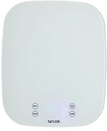 Taylor Pro Balanza Digital de Cocina, Compacta, Nivel Profesional con Alta Precisión, Diseño Resistente al Agua con Registro de Peso con Tara, Vidrio Blanco, 14 kg / 14 L de Capacidad
