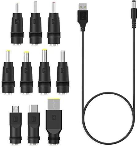 aceyoon 3A Cable USB vers DC 1m avec 10 Embouts DC Adapter pour Chargeur Secteur 5.5 x 2.1mm DC Barrel Jack Universel Convertisseur de Prise Alimentation pour Ordinateur Portable, Routeur etc