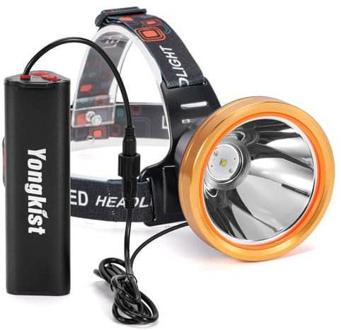 Yongkist Lampe frontale super lumineuse haute puissance rechargeable avec lampe de poche alimentée par piles étanche pour jardin, camping, pêche (lumière blanche)