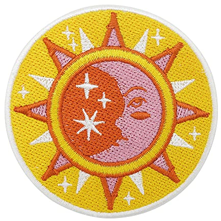 Finally Home Retro Sonne & Mond Patch zum Aufbügeln | Sterne Patches, Vintage Bügelbild, Runder Flicken, Gelber Oranger Aufnäher