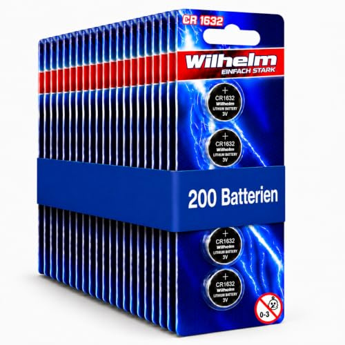Wilhelm CR1632 Lithium Knopfzellen 3V 140 mAh, ø16x3,2 mm – 200 Stück